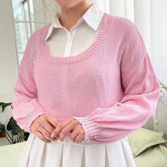 Plus Pink Distressed Ripped Drop Shoulder Pink Sweater Crop NWT 4x 20 - Picture 4 of 4